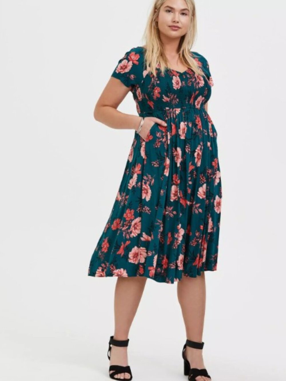 torrid Teal Floral Midi Dress with Pink Blooms